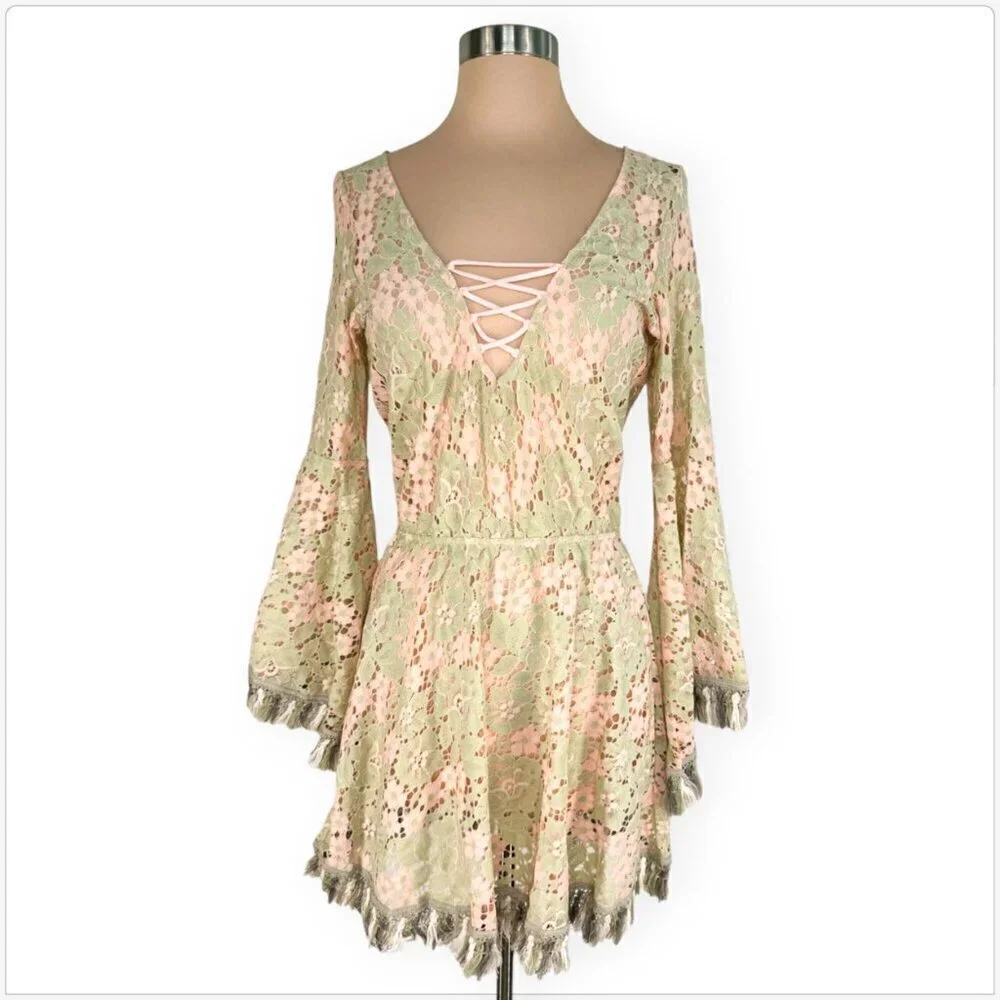 Luli Fama Miami Gitana Bell Sleeve Dress Multicolor Lace Swimsuit Coverup NWT XS